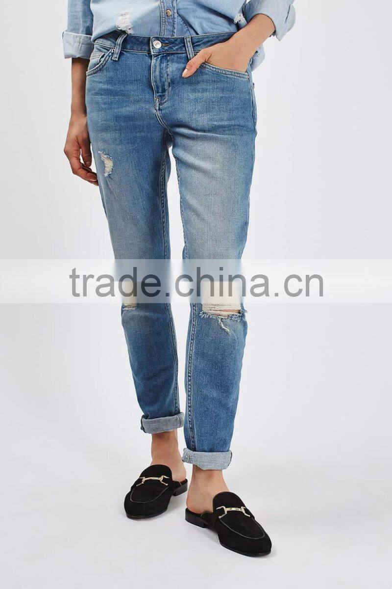 Women acid wash detailed ripped out ladies jeans denim jeans top design pant trousers