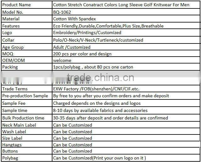 Cotton Stretch Conatract Colors Long Sleeve Golf Knitwear For Men