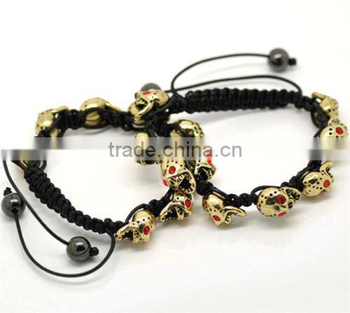 Red Rhinestone Halloween Skull Beads & Hematite Beads & Black Braiding Adjustable Bracelet