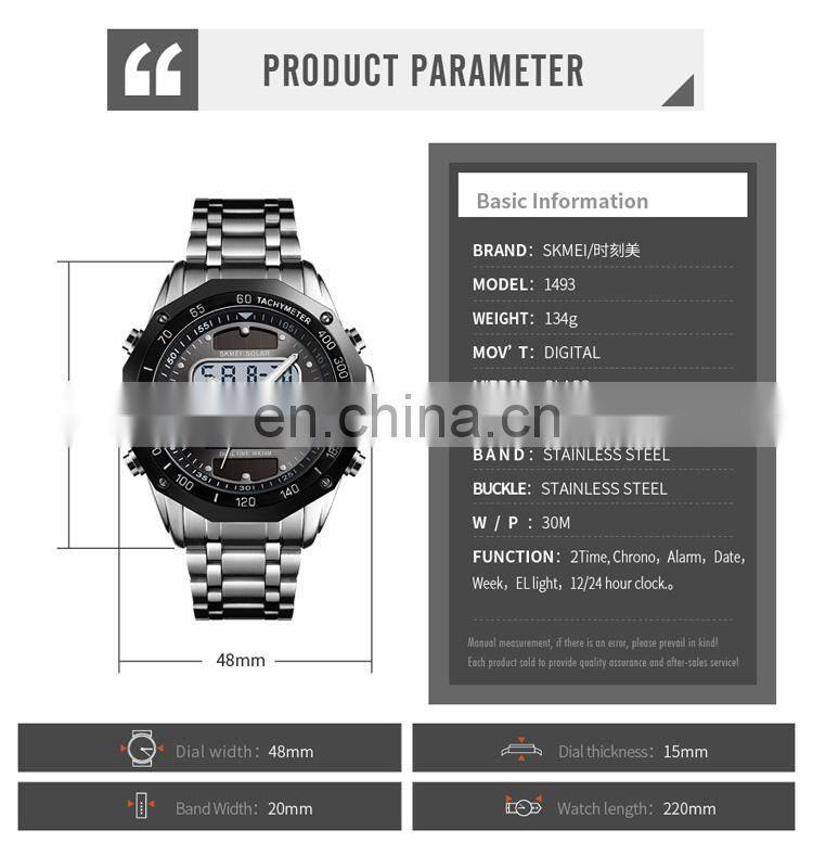 Skmei 1493 solar powered 30meters waterproof stainless steel digital quartz wristwatch
