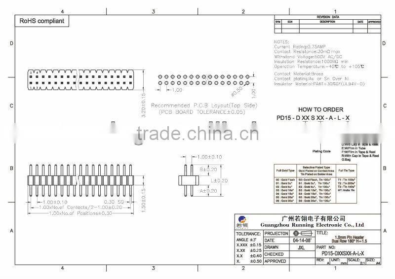 Pitch:1.0mm Double Row Straight Type Pin Header