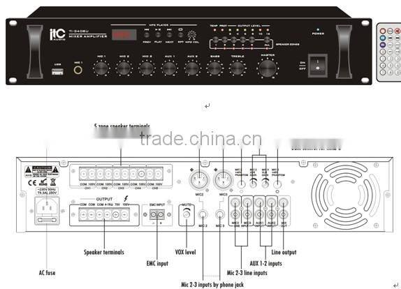 ITC TI-60BU Series 60W 120W 240W Balanced Mic Input 5 Zone Power Mixer Amplifier with USB