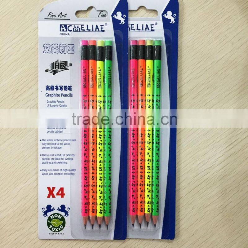 Standard size round shape neon color body soft wood blister card HB pencil with heat rolling logo