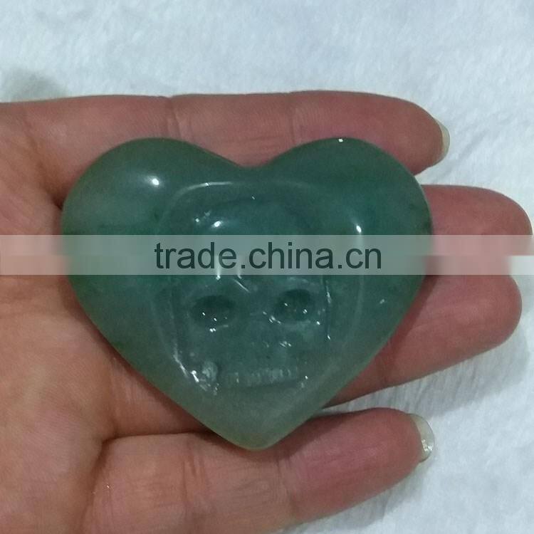 Natural Green Adventurine Crystal Heart With Engraved Skull For Gift
