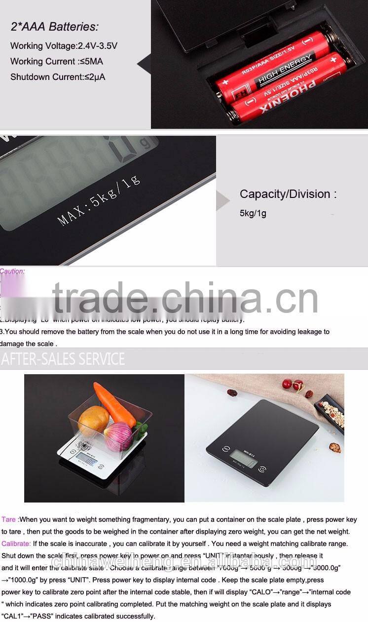 WH-B13L tempered glass manual electronic digital kitchen scale 5kg