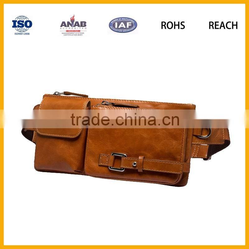 Factory Promotional Multilayer PU Brown Waist Bag with Mobile Phone Compartment for Outdoor and Sports