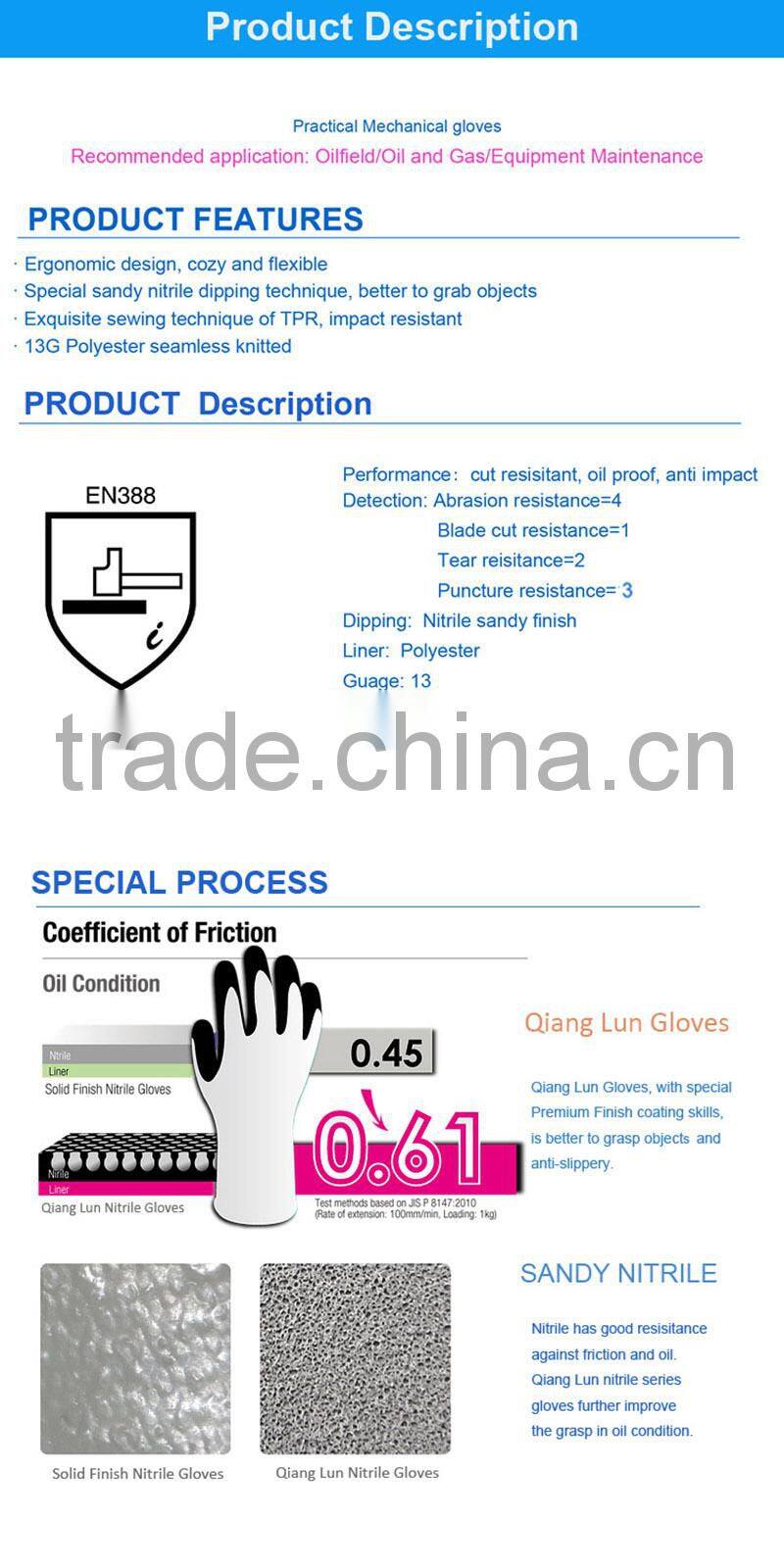 QL polyester sewing TPR double palm industrial gloves buyers