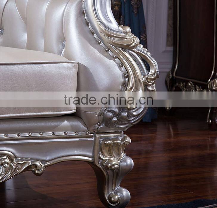 Graceful European noble living room furniture genuine leather sofa set
