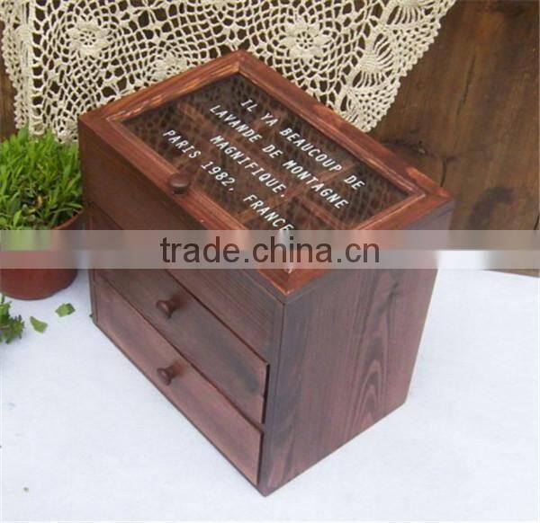 Vintage Small Wooden Cabinet Box With 6 Grids and 2 Drawer Glass Cover Storage Box Old Style Wood Craft Home Decoration 25*17*2