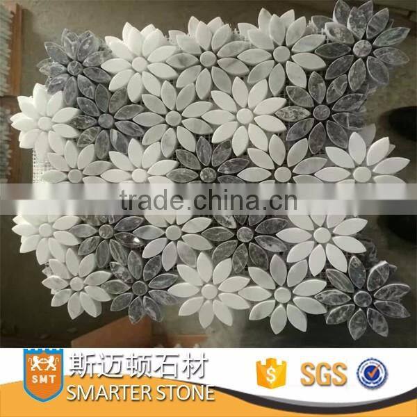 Pure white marble mosaic flower mix grey mosaic tile