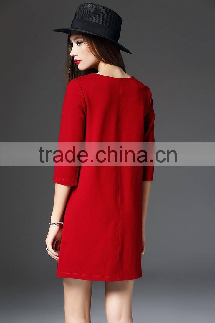 New fashion pocket three-quarter sleeve red color roma fabric embroidery beautiful lady one-piece dress