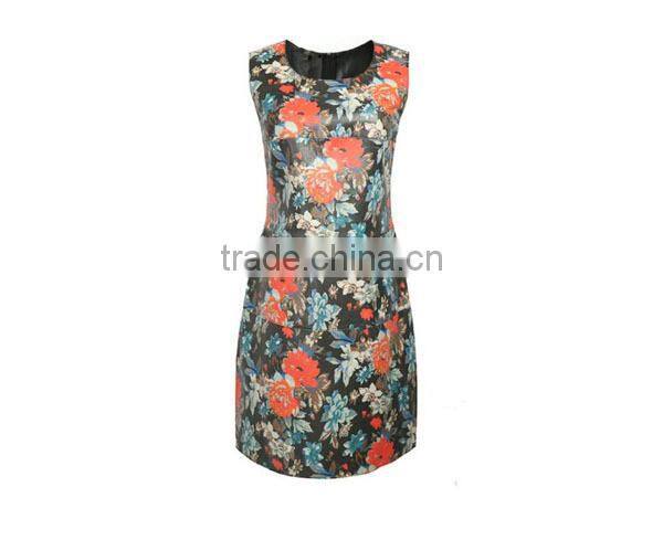 China supplier Women Woven Garment Factory ladies' sleeveless slim fit flora printed round-necked designer one piece party dress