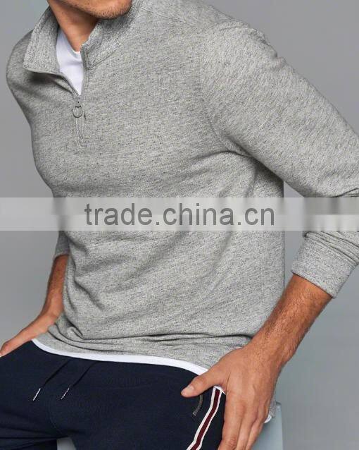 Fashion 100% Cotton Cheap Custom Printed T-shirt long sleeve men plain t shirt tall tee with a quarter zipper Front neckline