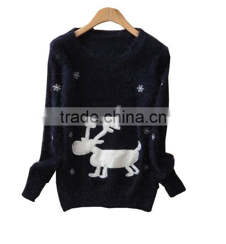 Fashion deer blue long sleeve ugly christmas jumper for women