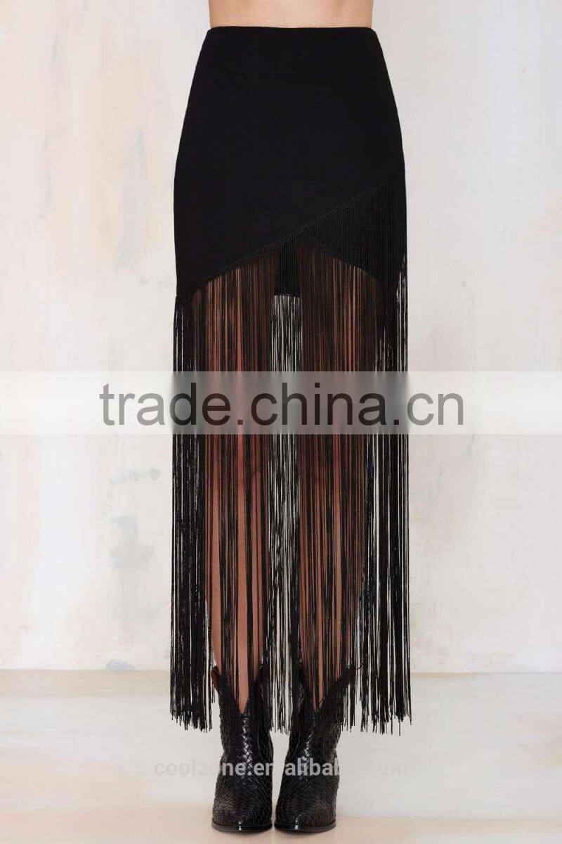 New design fashion with belts around asymmetrical fringe long skirt