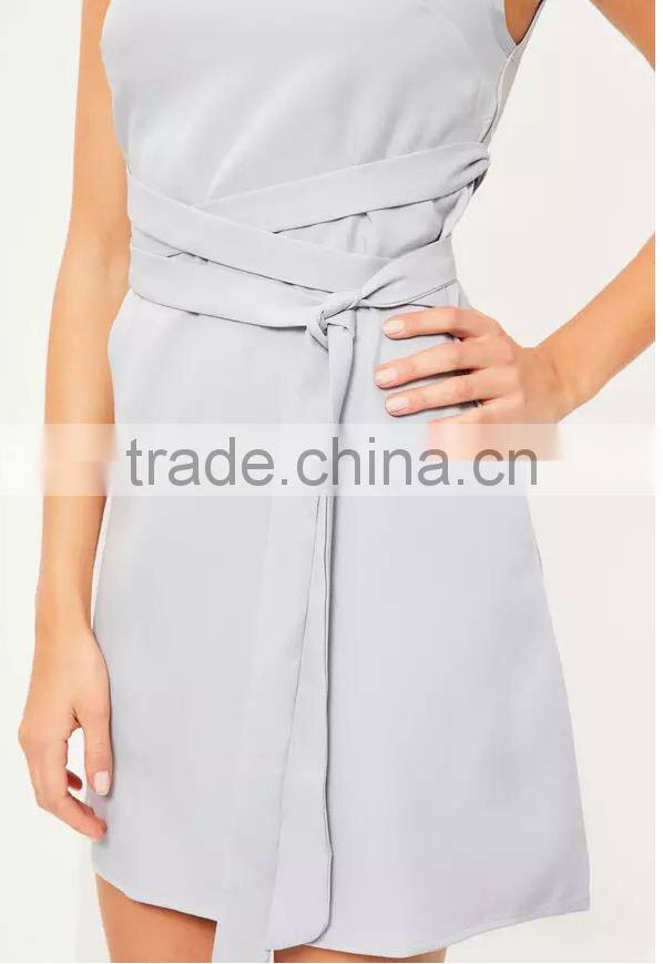 New Design Summer Ladies Lovely High Neck Tie Waist Mini Shift Casual Dress