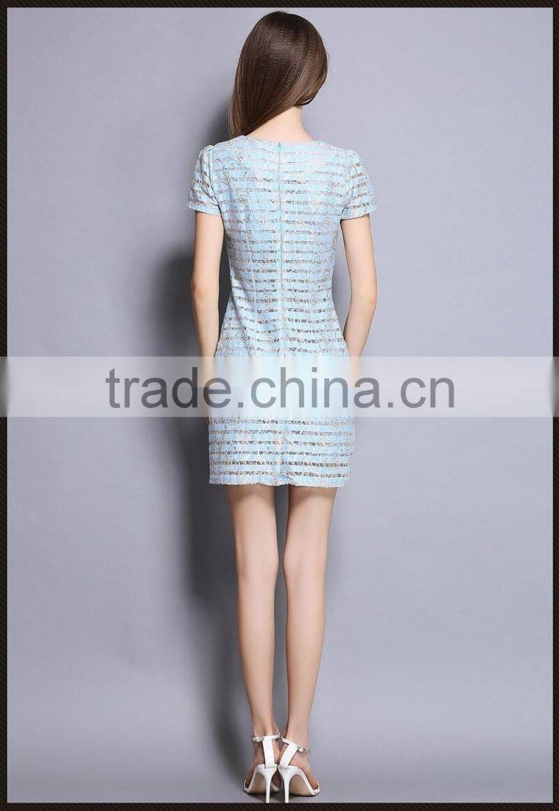 Ladies light blue diamante lace hollowed-out sexy V-neck tight dress