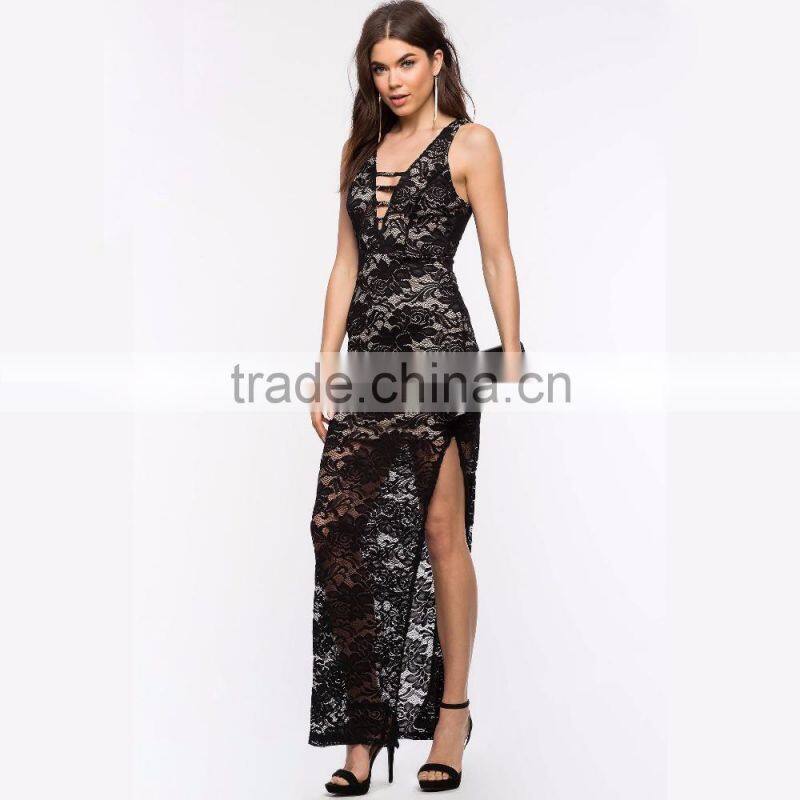 New Arrival Deep V Neck Maxi Long Dress Split Lace Sexy Dresses Women's Evening Dress for OEM 2016