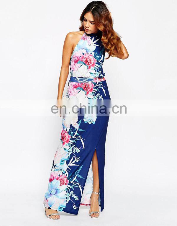 china maufacture halter neck dress designs OEM cheongsam dress split floral print dress