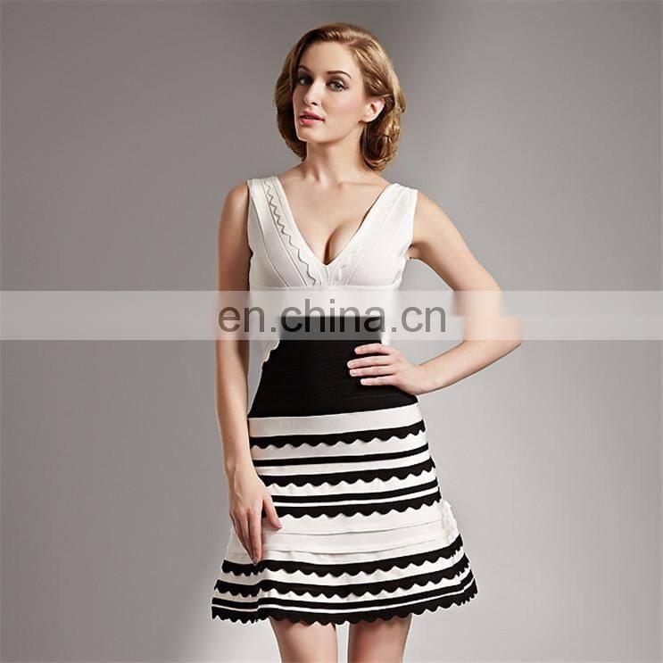 sexy deep V neck lace puffy costume black and white women in skin tight dresses