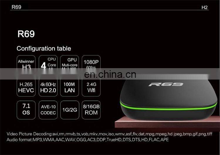 Hot selling Allwinner H3 chip android tv box 1/2GB 8/16GB R69 with 2.4G wifi android smart tv box