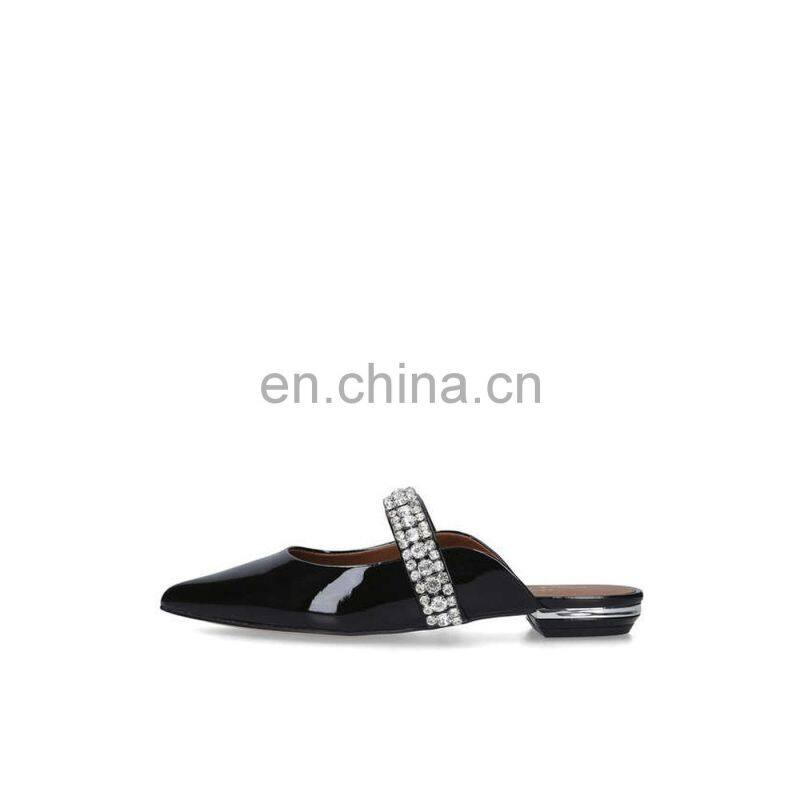 Black latest fancy flats women rhinestones attractive color design ladies flat patent leather handmade sandals shoes