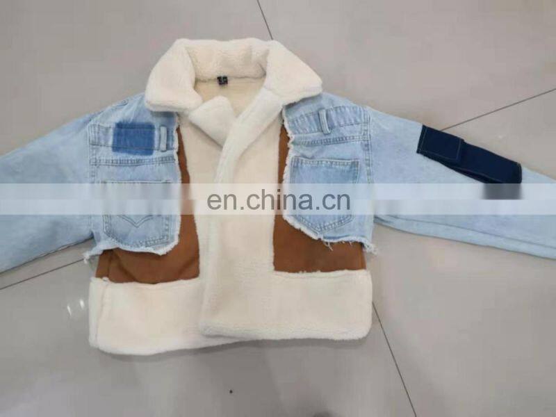 Custom LOGO High Quality denim windbreaker jacket lined with fleece coats wool jackets With Patches For Women's coat