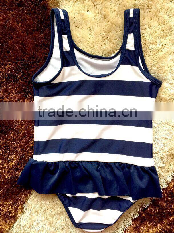 white and black stripes children swimwear,with a customized printing on front, one piece kids swimsuit,girls swimwear