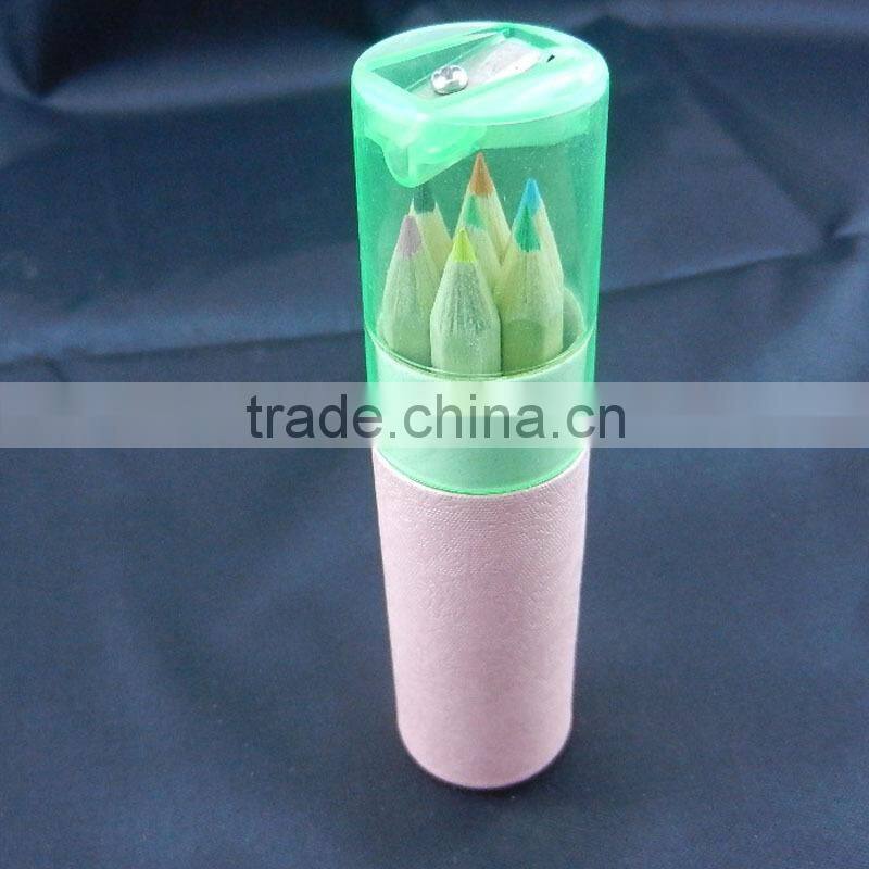3.5" natural wood color pencil in a tube with colorful sharpener cover