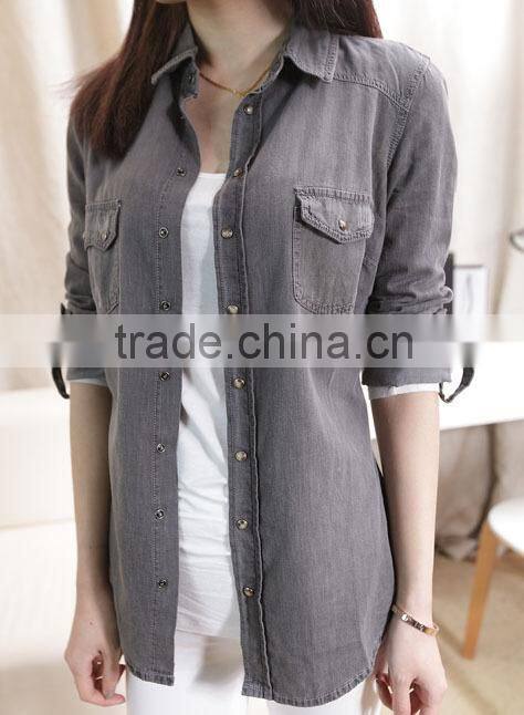 ladies cotton polo collar shirt solid color long sleeve jean blouse