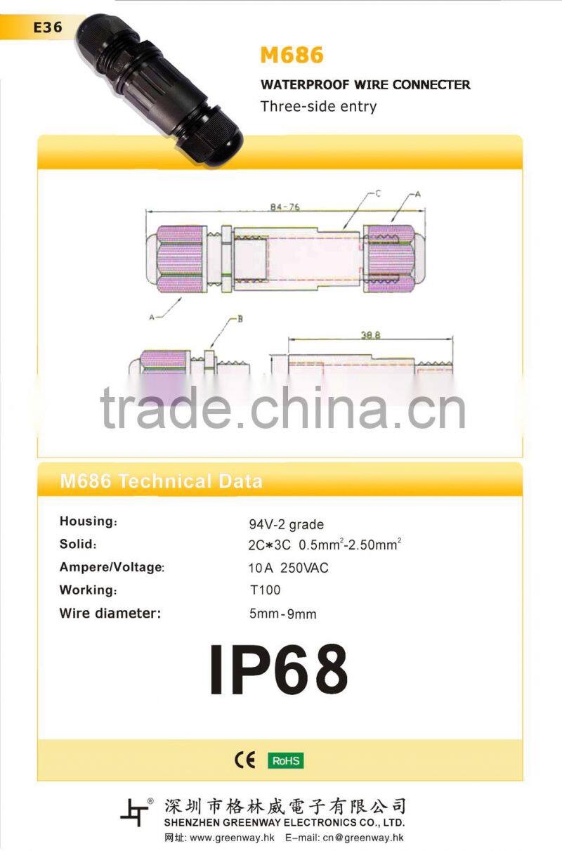 ip68 3 pins waterproof connector with cable glands