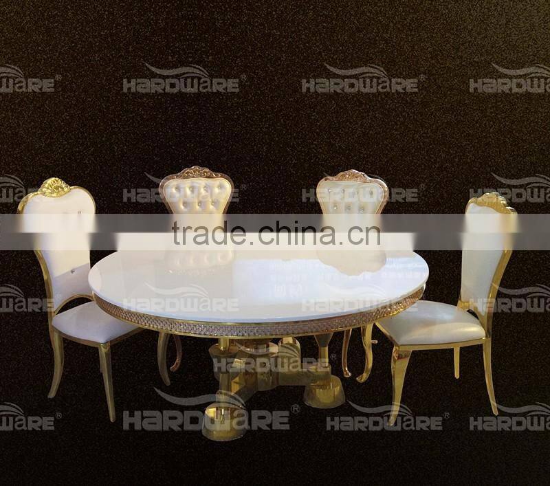 LED gold stainless steel wedding table,white MDF banquet table