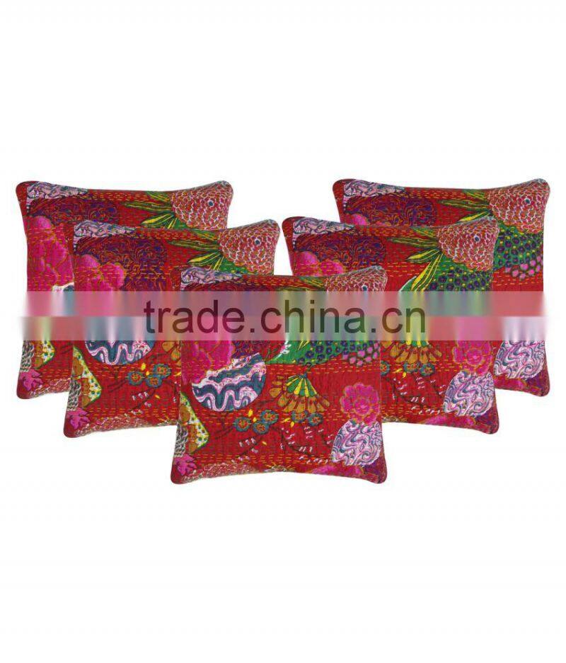 Floral Print Tropicana Kantha Cushion Cover Indian Tropical Kantha Pillow Cover Set Of 5 Pcs