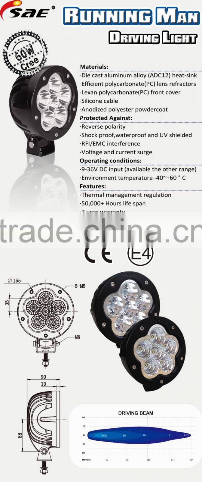 6 Inch 60w LED Driving Light 60w LED Work Light for Tractor LED Headlight