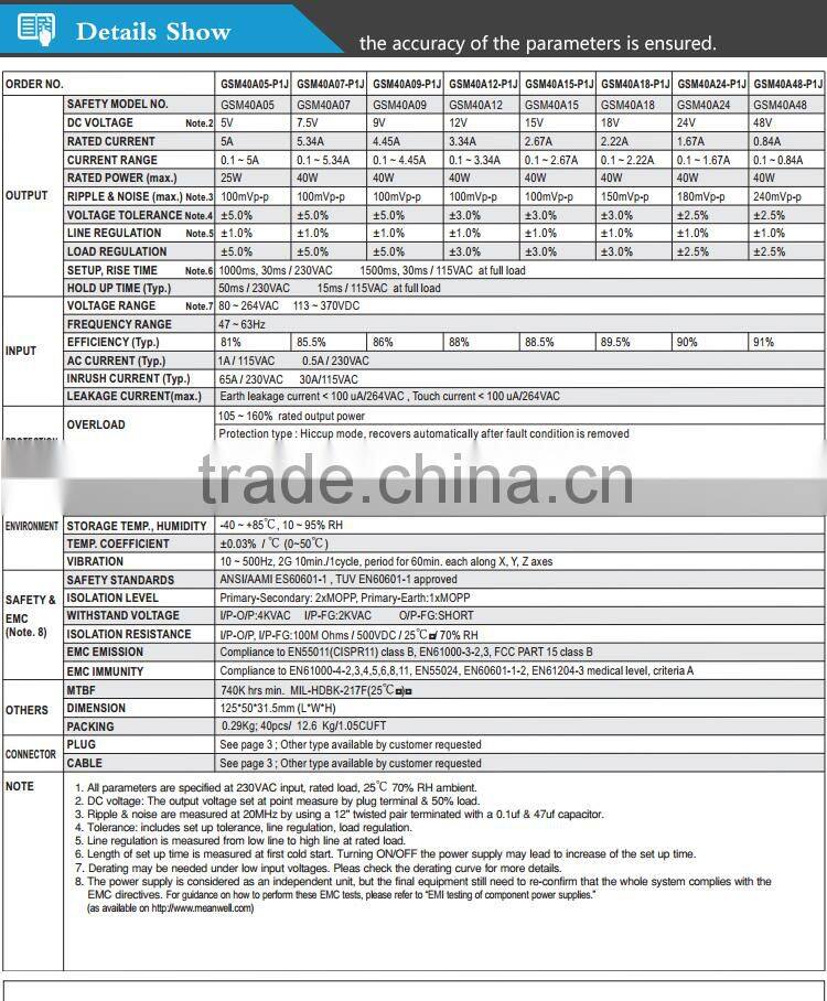 Meanwell 40W medical type power supply/40w AC-DC high quality Single Output Adaptor/40W single output switching power supply