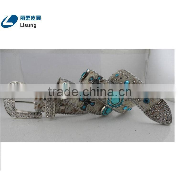 Blue Crystal Bead Crosses Western Cowgirl Rhinestone Leather Belt
