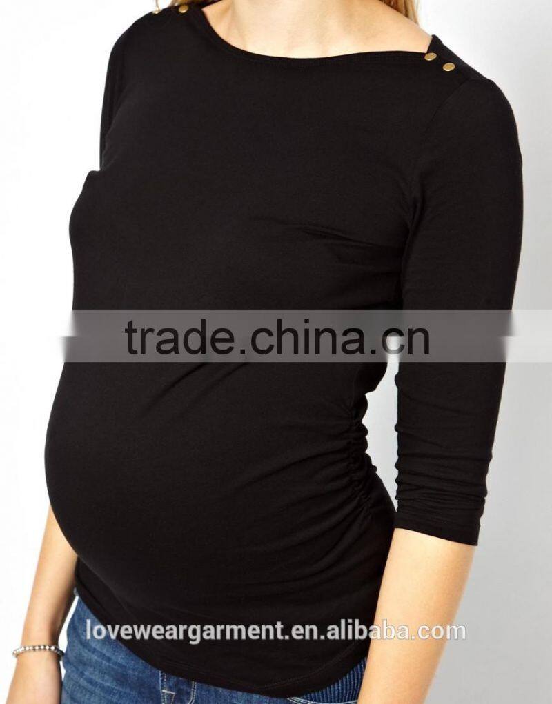 Wholesale plain cotton maternity black t shirts with button shoulder