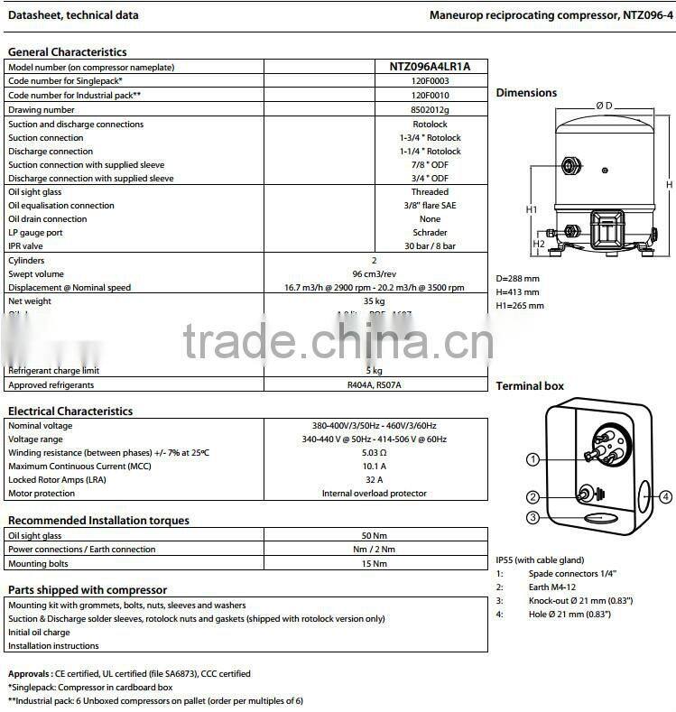 NTZ096 High Quality and Precision Maneurop Hermetic Reciprocating Compressor