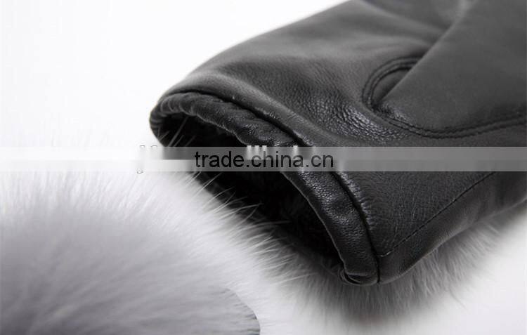 Delicate Sheep Fur Leather Gloves With Blue Fox Fur Pompom Flannelette Inside