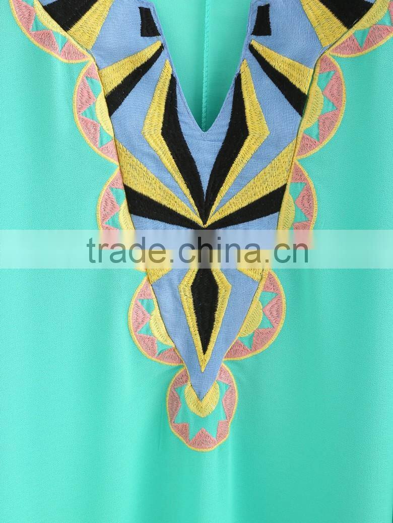 2016 fashion design embroidery lace trimming chiffon casual kaftan top, beach kaftan SY1604
