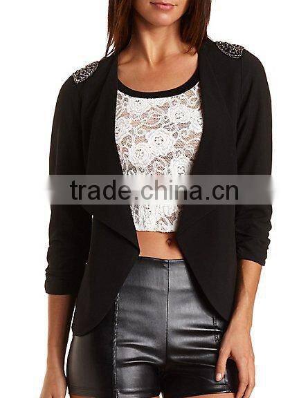 custom design elegant beaded shoulder open women blazer