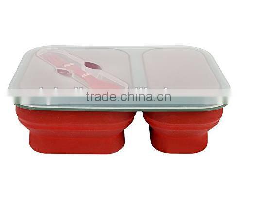 Microwave safe 2 compartments silicone folding lunch box with lid