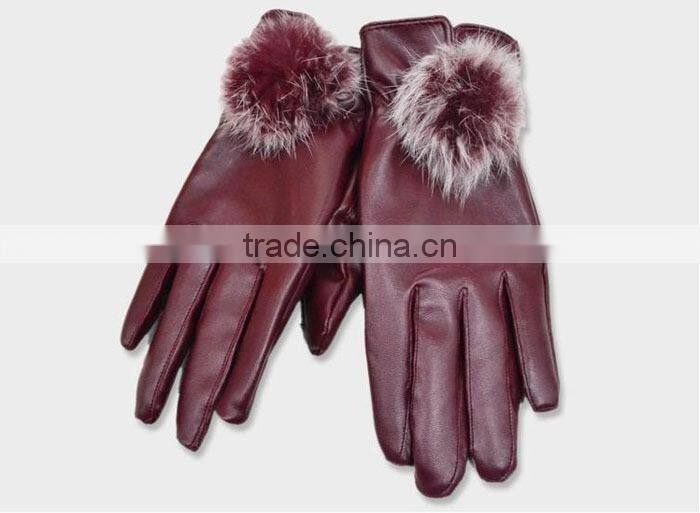 New Hot Fashion Ladys Womens Gloves PU Leather Cute Rabbit Fur Ball Warm Winter Gloves Mittens