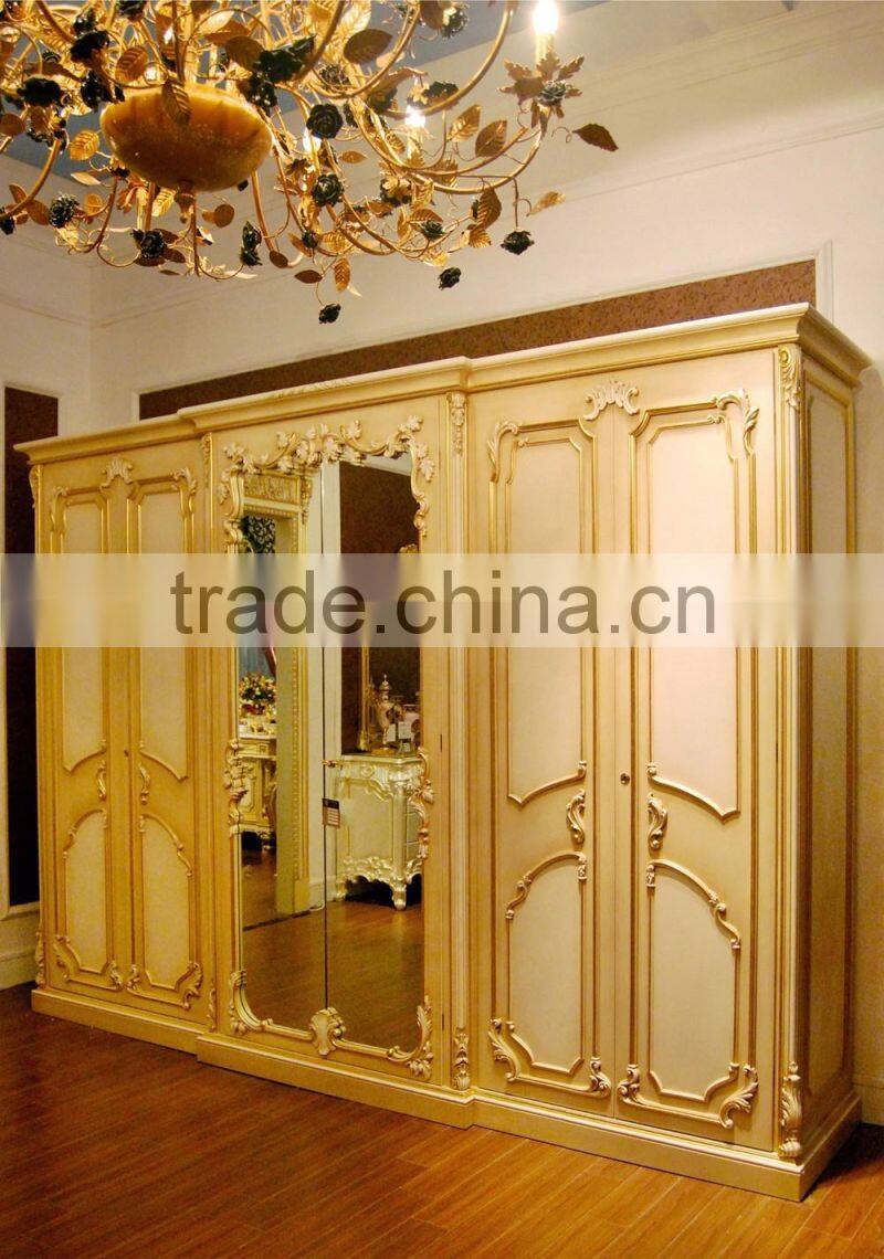 Fantastic French Royal Wooden Carving White Canopy Bed With Golden Crown Headboard, King Size Bedroom Furniture