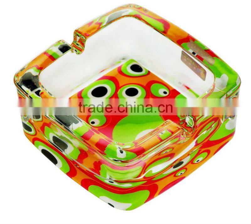 Glass ashtray with decal on bottom,high quality glass ashtray