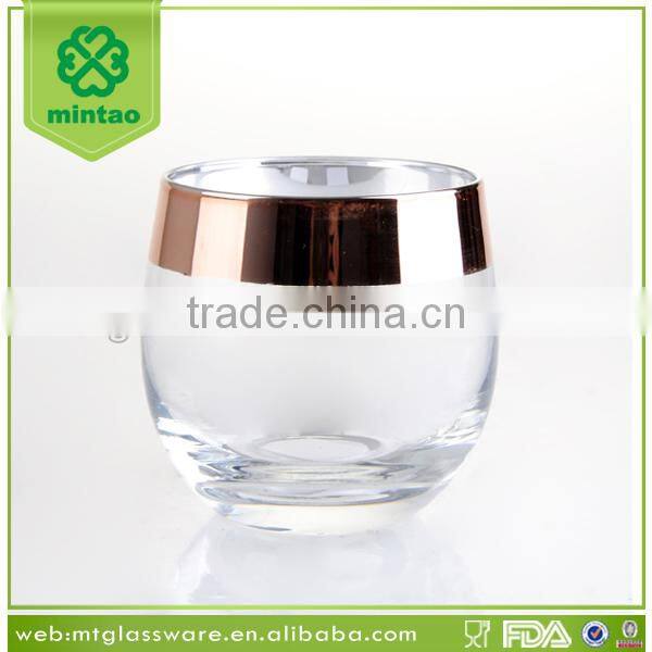 hand blown round glass wine decanter with gold rim