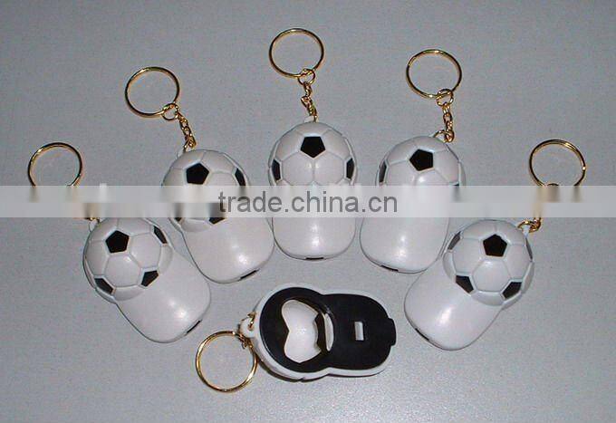 Helmet shape plastic bottle opener keychain with whistle