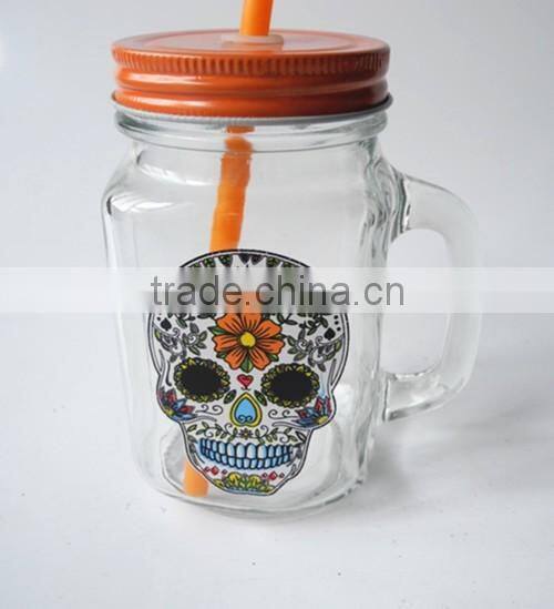 Wholesale Price skull head printing Glass Mason Jar With Handle