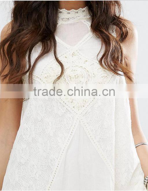 Women Summer Bohemian Casual Wear, Swing Style Ivory Top Woven Lace Cotton Mini Dress