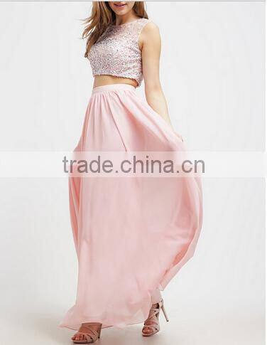 2017 fashion long maxi dresses sleeveless two piece set long skirts and beaded tops for girls party wear dress